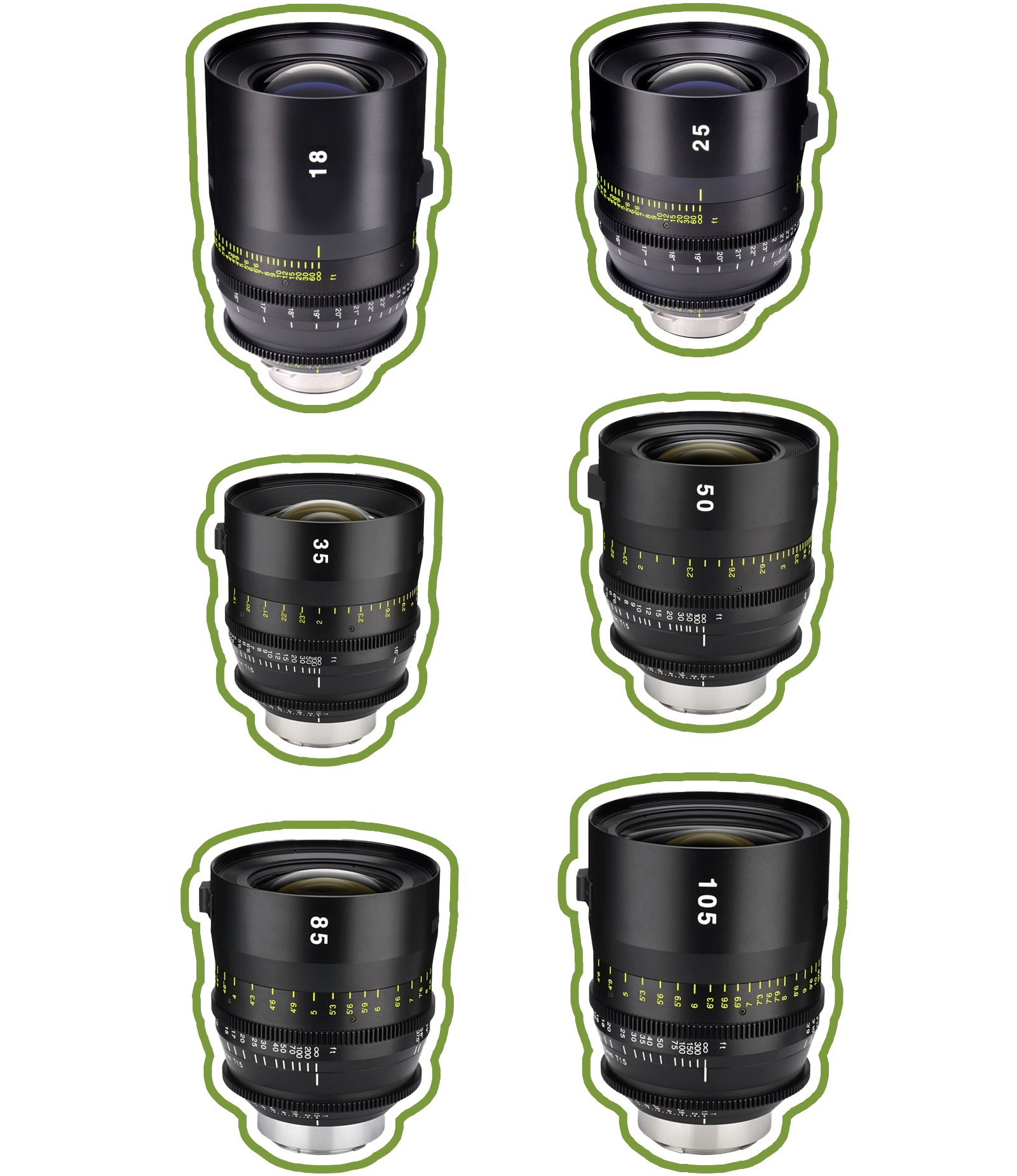 Six professional camera lenses on white