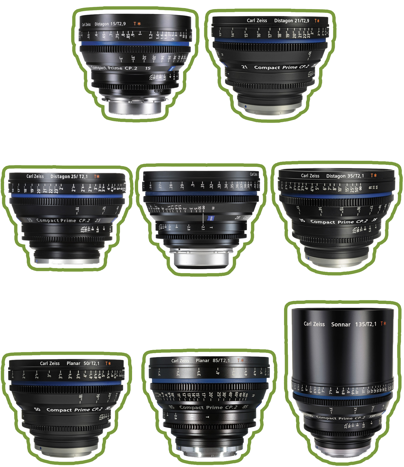 Variety of Zeiss CP.2 cinema lenses