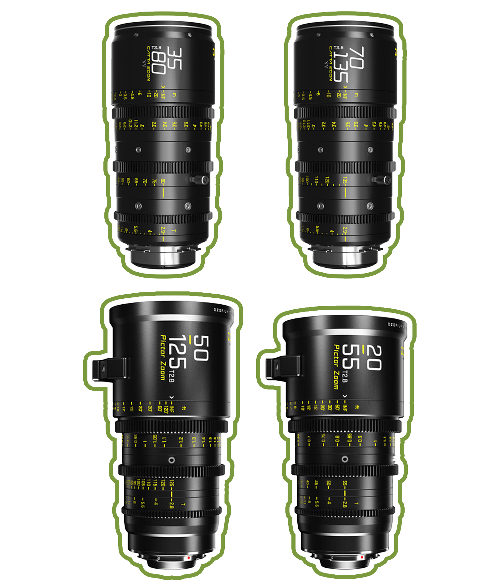 Four professional camera lenses on display